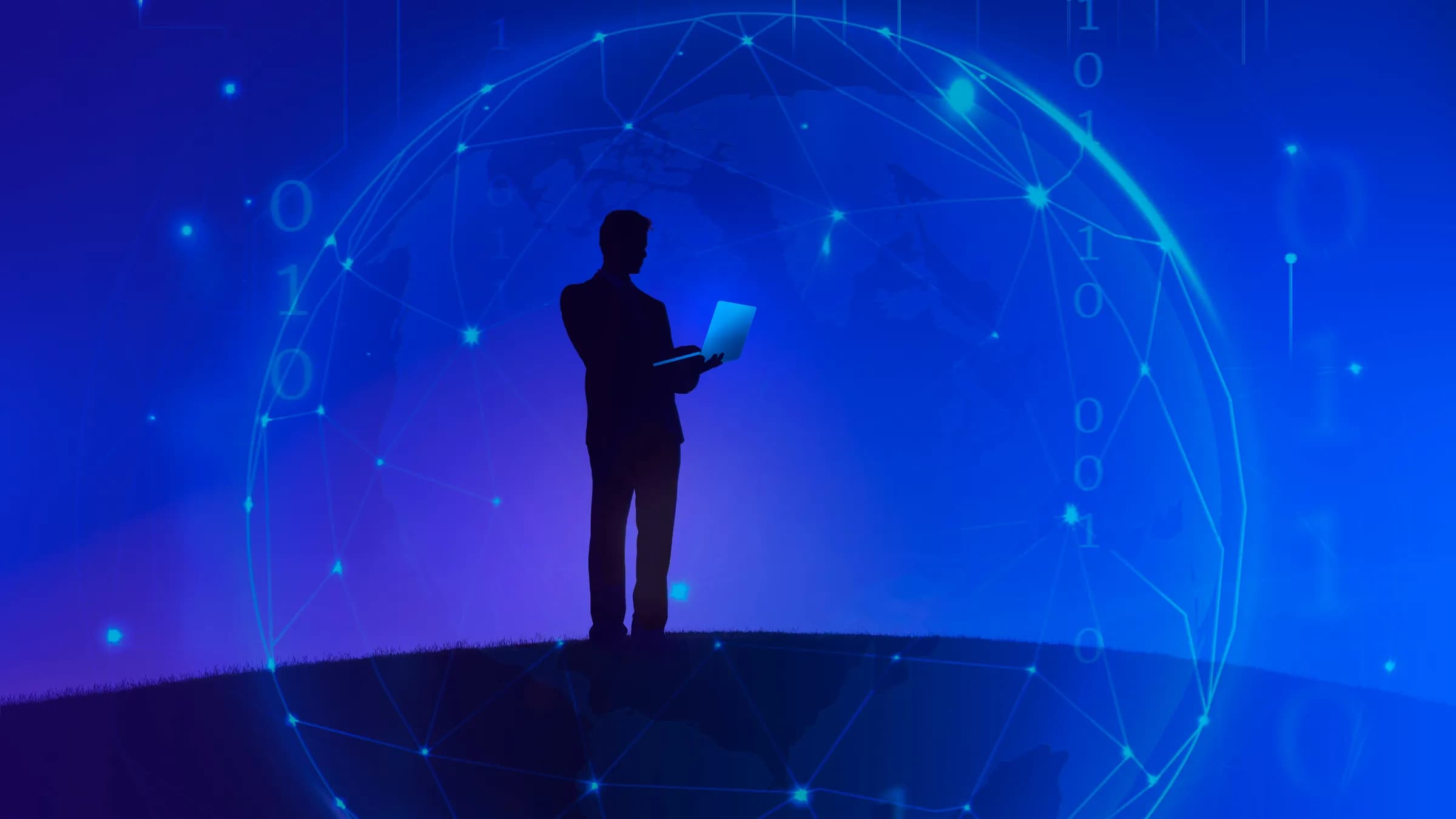 Professional silhouetted against a glowing global server network